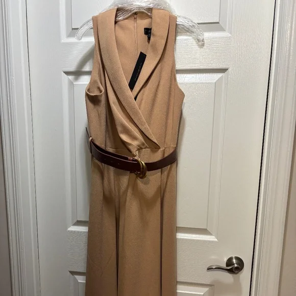 DONNA KARAN CREPE FIT AND FLARE DRESS WITH BELT - Picture 2 of 5